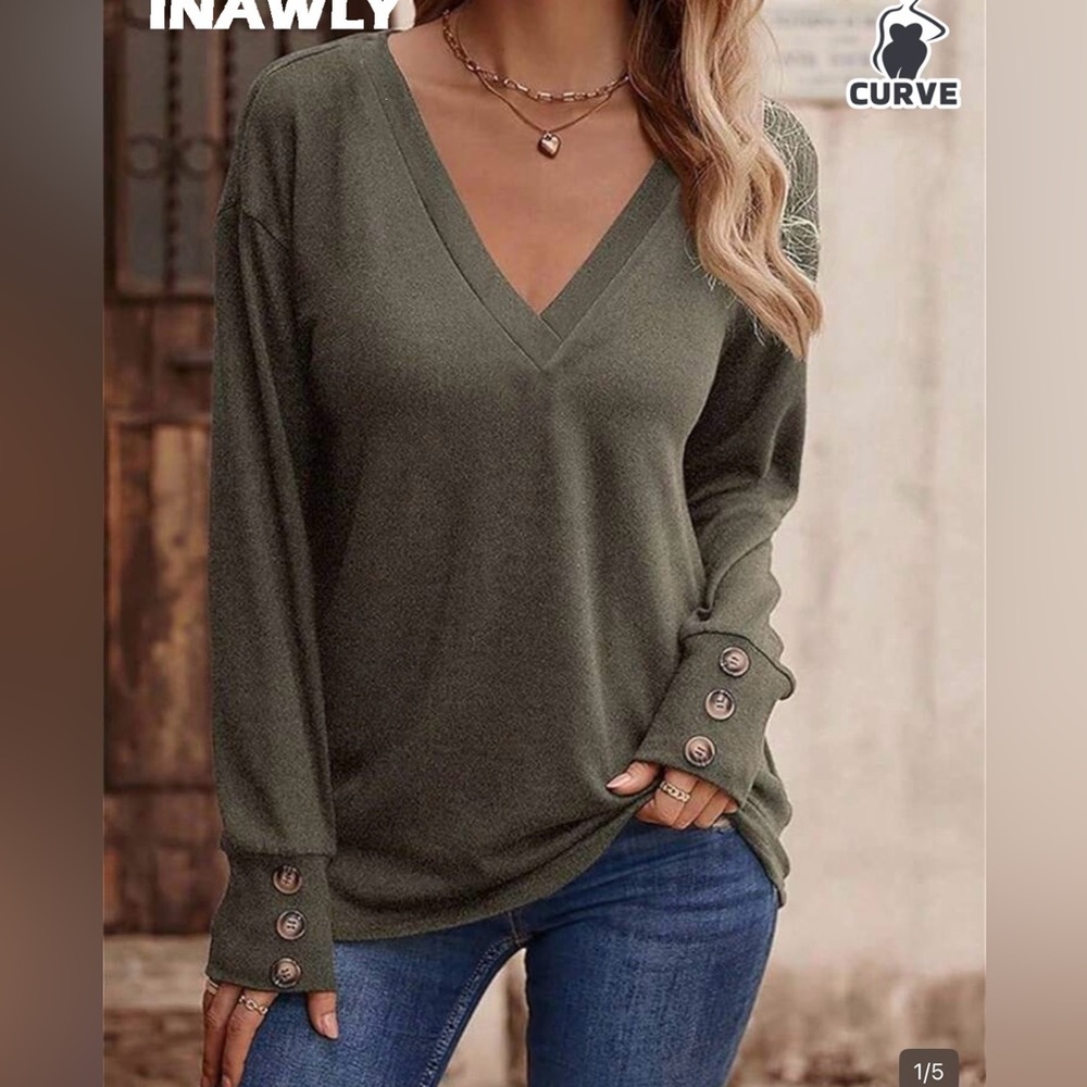 SHEIN Olive Long Sleeve V-Neck Top